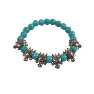 Sea Turtle Stretch Bracelet 7" Fashion Costume Turquois Blue Silver Tone Ocean